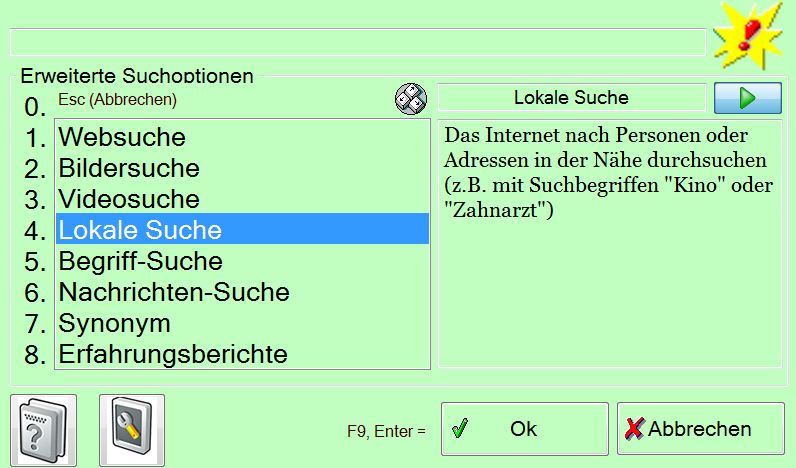 Menü für ausführliche (erweiterte) Suche